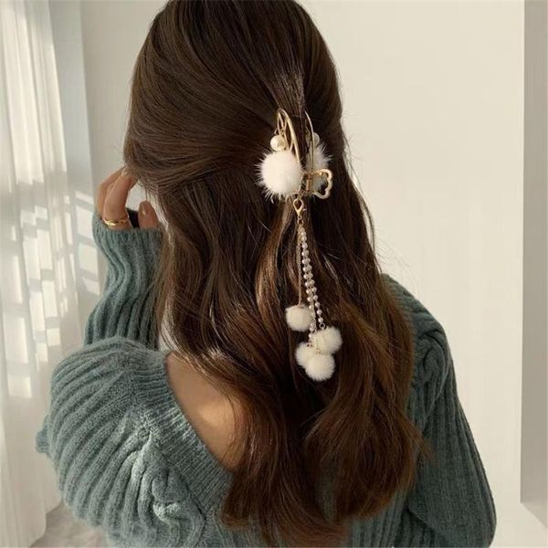 

bag parts & accessories gold vintage long tassel furrly ball butterfly metal hair claw love pendant crab clips for women party jewelry, Black