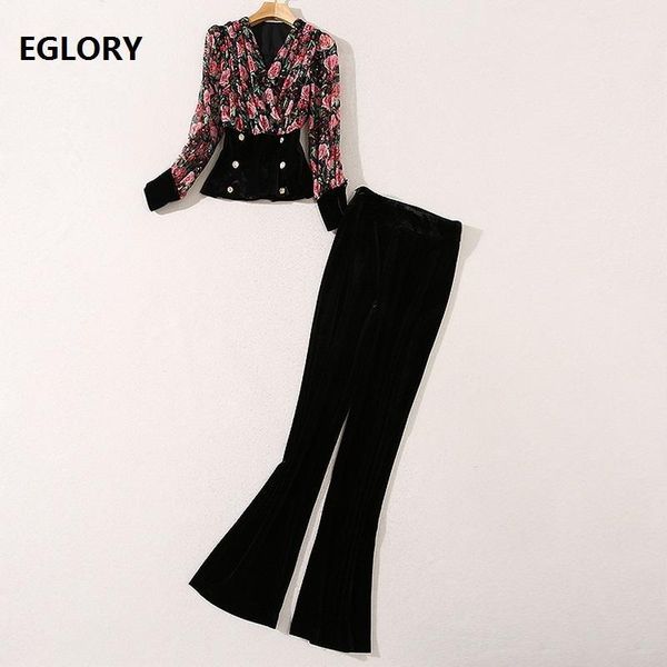 

women's tracksuits designer clothing sets 2021 autumn winter women rose floral print patchwork long sleeve +long velvet pant, Gray