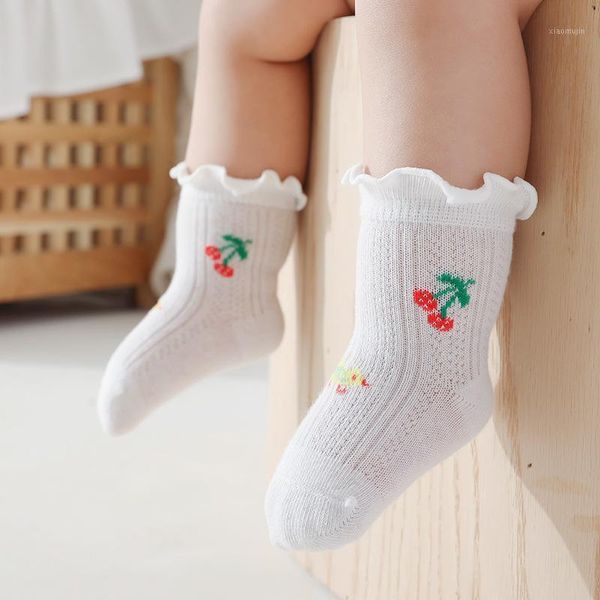 

summer baby girl socks breathable thin children's mesh wooden ears cartoon fruits flowers kids toddlers, Pink;yellow