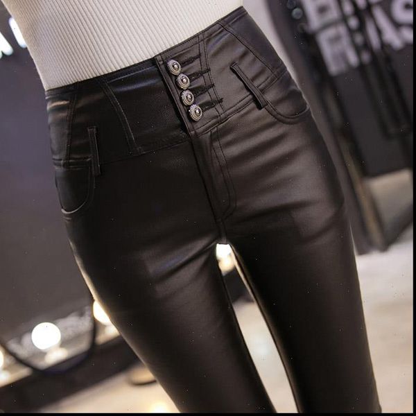 

warm dropshipping pu leather velvet womens pants trousers elastic pencil skinny tight, Black;white