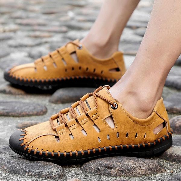 

sandals shanta 2021 summer men genuine leather casual shoes outdoor beach roman water size 48, Black