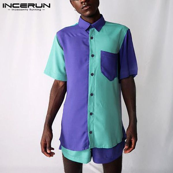 

men's tracksuits incerun fashion men patchwork sets summer lapel short sleeve shirt elastic waist shorts streetwear casual hawaiian sui, Gray
