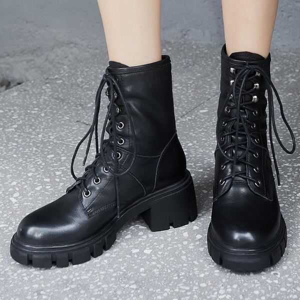 

women's genuine leather chunky heel platform winter ankle boots lace-up female comfortable short motorcycle casual shoes, Black