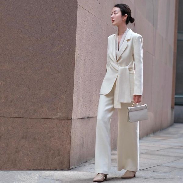 

women's two piece pants suits office lady woman elegant business wear female 2 set blazer wide leg, White