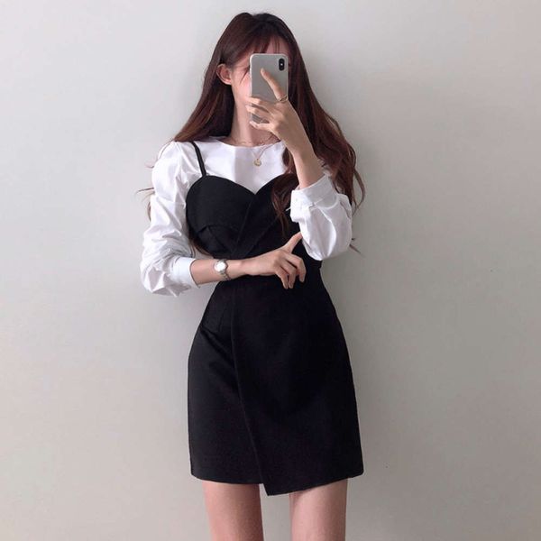 

casual dresses dress women clothesautumn foreign style round neck solid color shirt + slim irregular sling suit o096, Black;gray