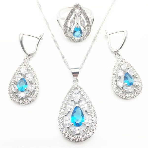 

earrings & necklace women silver color jewelry sets sea-blue white zircon pendant rings