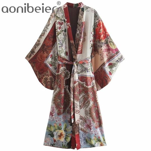 

female summer casual holiday beach wear printed kimono shirts extreme sleeves mid length women loose shirt with belted 210604, White