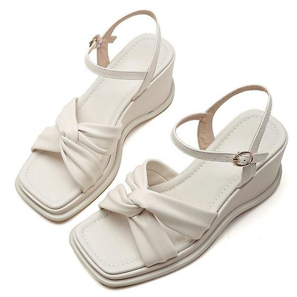 

buckles genuine leather women sandals 2021 summer est wedged platform shoes woman fashion wedding basic, Black
