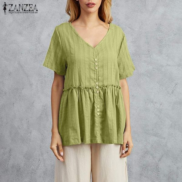 

women's blouses & shirts zanzea fashion summer stylish womens linen blouse causal v neck short sleeve female solid tunic plus size 5xl, White