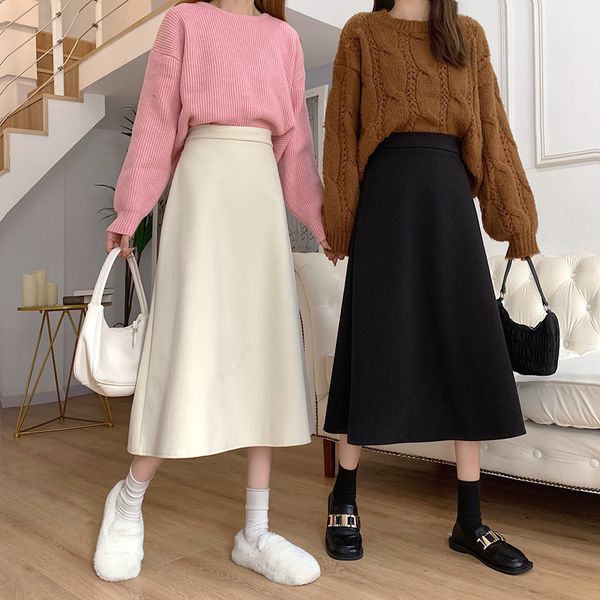 

autumn and winter women's all-match mid-length woolen skirt 210514, Black