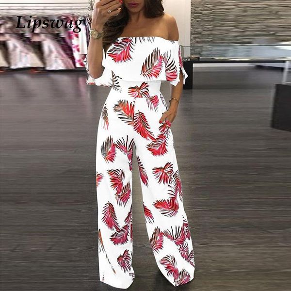 

elegant ruffle off shoulder jumpsuit women 2021 spring print loose trouser legs romper office lady casual fashion pocket rompers women', Black;white