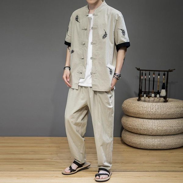 

men's tracksuits male two piece set chinese style mens tang suit short sleeve traditional china hanfu shirt +pants, Gray