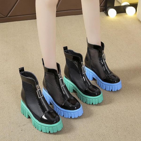 

boots shoes lady boots-women zipper round toe ankle high heel 2021 sandals leather summer rock fretwork canvas fabric incr, Black