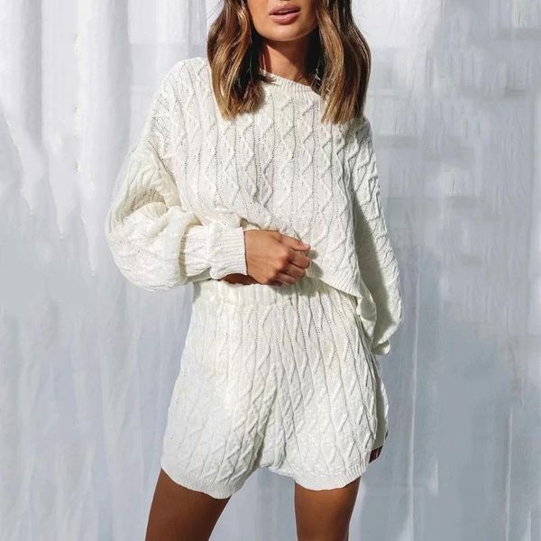 

women's tracksuits autumn knitted suit women sweater round neck crop high waist shorts two piece sets, Gray