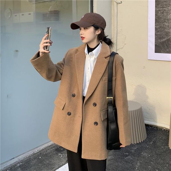 

women's suits & blazers winter thick woolen women korean style loose quilted long suit jacket female double breasted blazer woman, White;black