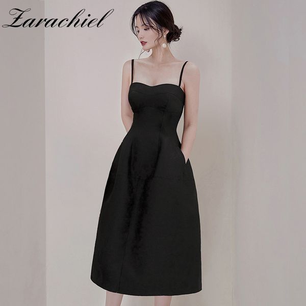 

dresses evening party spaghetti strap women black hepburn wind slim high waist backless female a-line midi vestidos, Black;gray