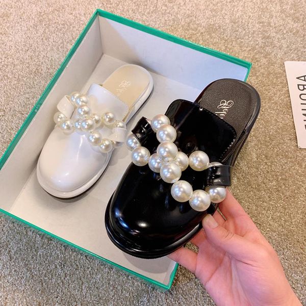 

luxury designer leather shoes women slipper round toe pearl flat mules casual party plus size sandals summer slippers, Black