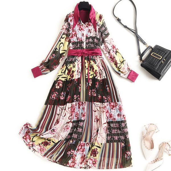 

european fashion swallow neck retro pleated dresses 2021 early spring women high waist plus size printed long sleeves dress casual, Black;gray