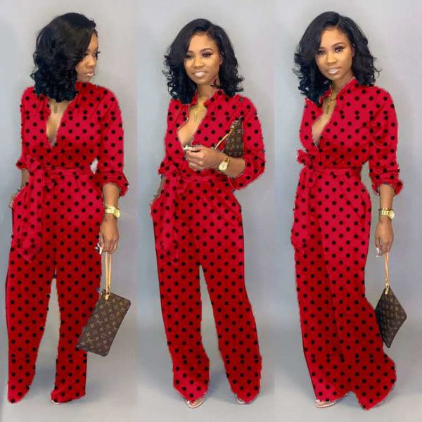 

2011new fashion jumpsuit for women 2021 dot black white rompers button up self belted pockets womens jumpsuit casual loose romper
