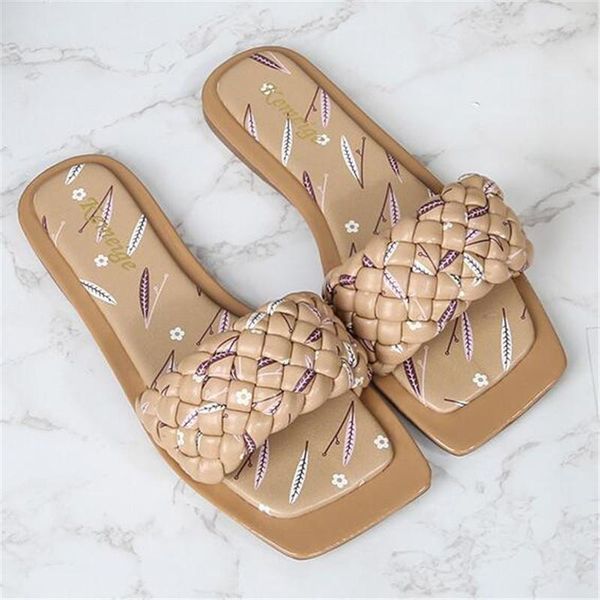 

slippers summer women slipper brand weave ladies sandal shoes low open toe flat casual slides beach flip flops big size 35-42, Black