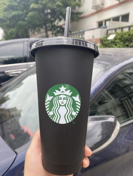 

starbucks 24oz/710ml plastic tumbler reusable black drinking flat bottom cups pillar shape lid straw mugs bardian dhl1