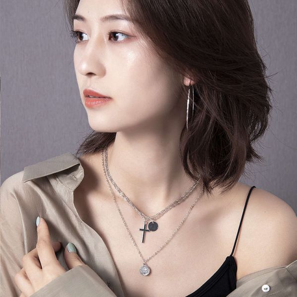 

other necklace women's street fashion hip hop multi layer coin clavicle chain geometric cross, Silver