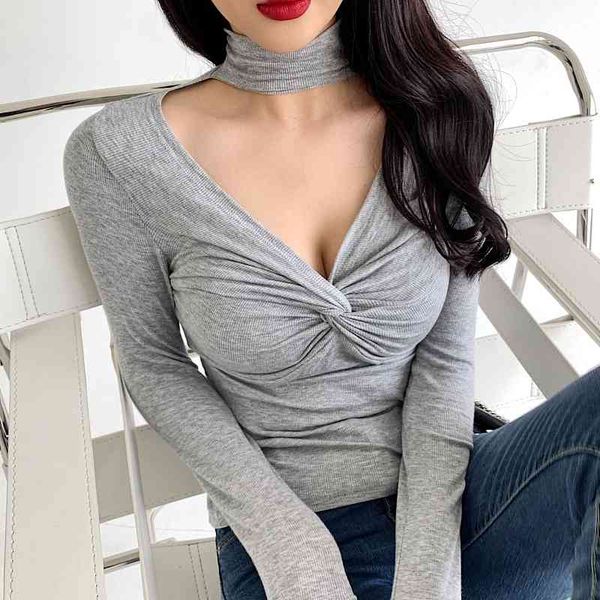 

women's sweaters female t-shirt with v-neck cleavage, long sleeve slim shirt superior elasticity, modern korean spring and autumn cloth, White;black