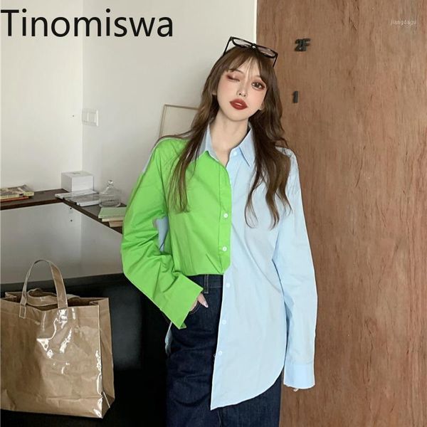 

women's blouses & shirts tinomiswa contrast color patchwork women spring 2021 turn down collar long sleeve blouse loose korean blusas, White