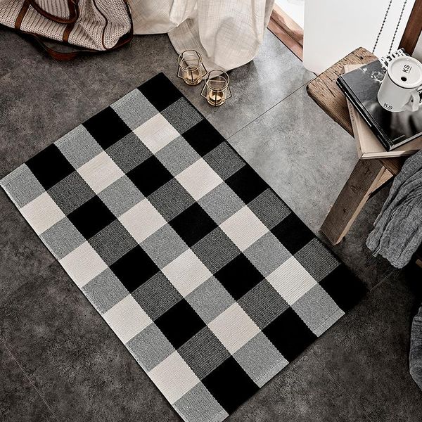

carpets black&white plaid carpet weave living room door mat kitchen bathroom antiskid rug geometric floor home decor tappeto