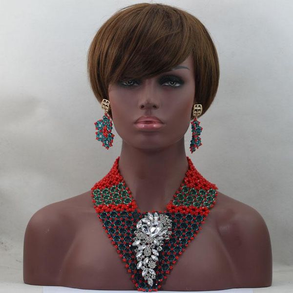 

earrings & necklace african crystal bead set nigerian beaded jewelry fashion style costume unique design hx240, Silver