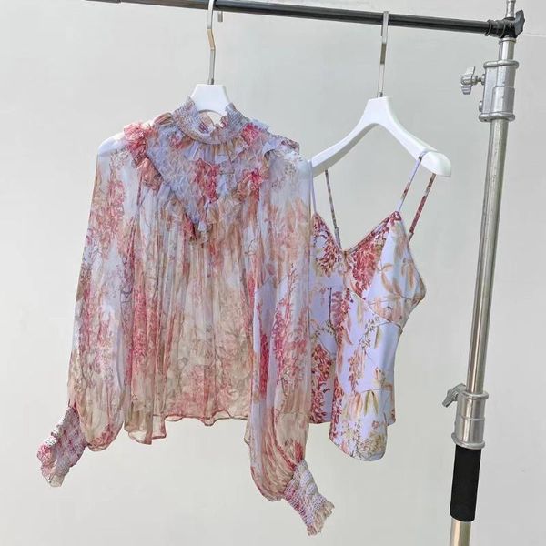 

women's blouses & shirts 2021fw autumn women luxury flower prints silk blouse female long sleee shirt rmsx 6.23, White