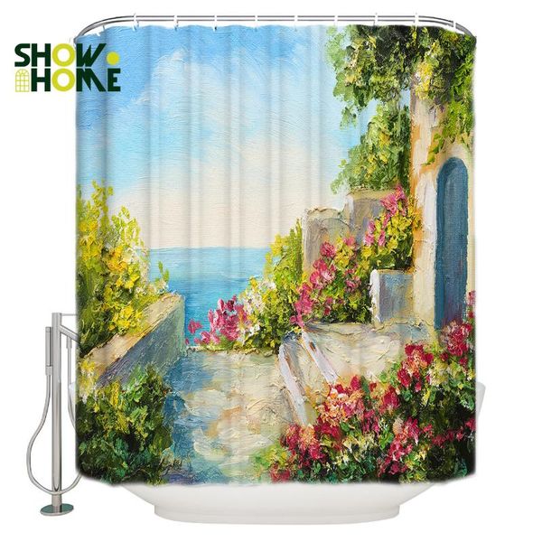 

shower curtain landscape painting italian garden bathroom decor curtains