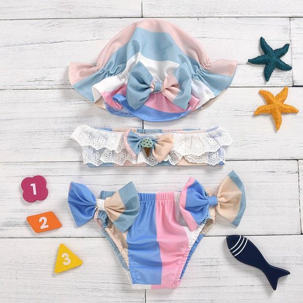 

one-pieces toddler baby girls kids bikini set infant summer bowknot + printed pants hat swimsuit 3pc suit childern clothes, Black