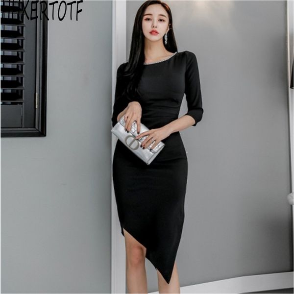 estate elegante temperamento donna O Collo tubino nero abito tubino moda sottile sexy abito mezza manica con spacco laterale inclinato 210531