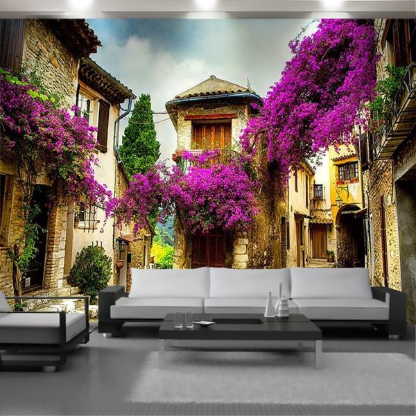 Romantische 3D-Landschaftstapete, schöne europäische Steinblumenhaus-Wohnkultur, Wohnzimmer, Schlafzimmer, Malerei, Wandtapete