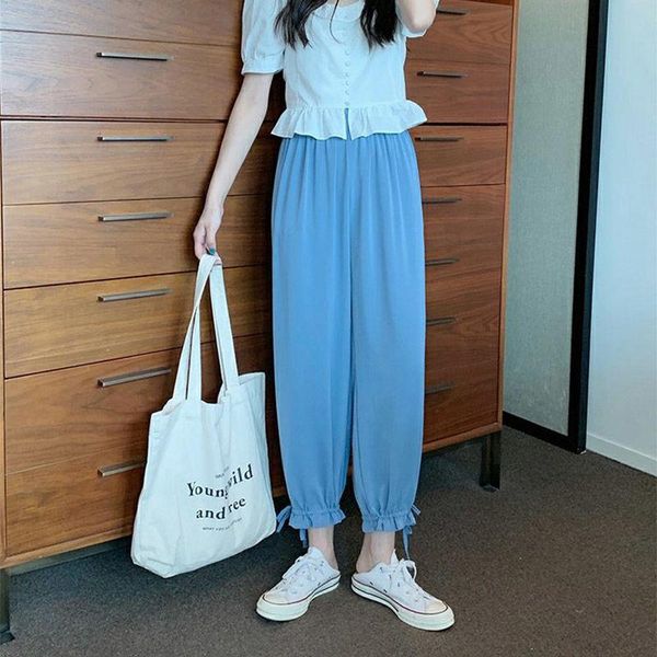 

women's pants & capris thin cropped women loose 2021 summer korean style jogger wide leg casual bloomers drape long, Black;white