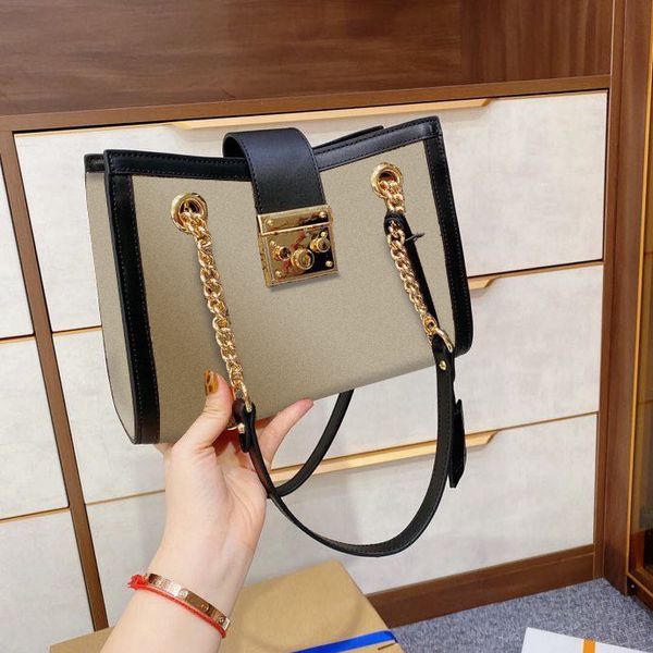

2021 designer tote women shoulder bags padlock with chain square lock canvas genuine leather bow stripes distressed fashion handbag