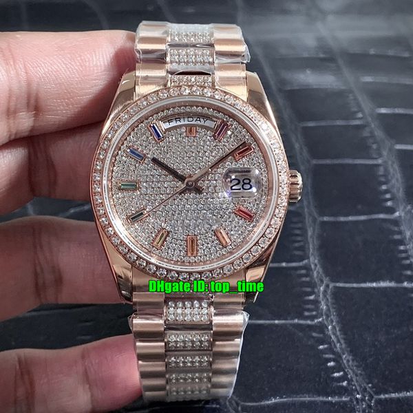 

luxury watches tw 36mm day-date diamond rainbow eta2836 automatic mens womens watch 128345 pavÃ© diamonds dial rose gold bracelet ladies gent, Slivery;brown