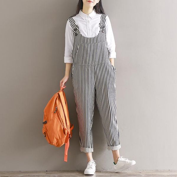 

women's jumpsuits & rompers fashion mori girl style overalls 2021 spring and summer cotton jumpsuit women stripe plus size womens combi, Black;white