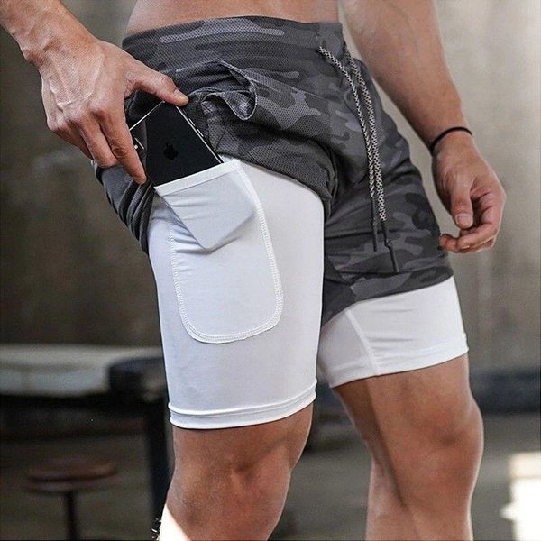 

gym clothing summer double-layer sports shorts casual running training breathable stretch quick-drying half pants mens workout, White;black
