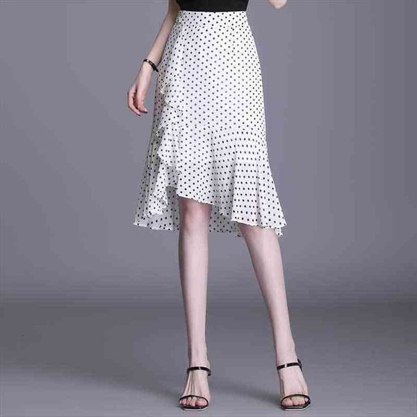 

wave dot chiffon fishtail bag hip skirt womens summer high-waisted thin medium-length irregular skirt woman skirts, Black