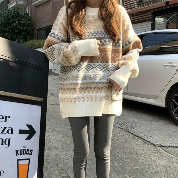 

loose casual women print sweaters korean lady winter pullovers, White;black