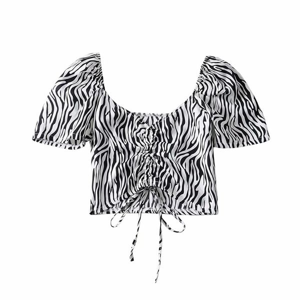 

women fashion chest drawstring zebra pattern shirts street clothes girls short sleeve chic 210531, White