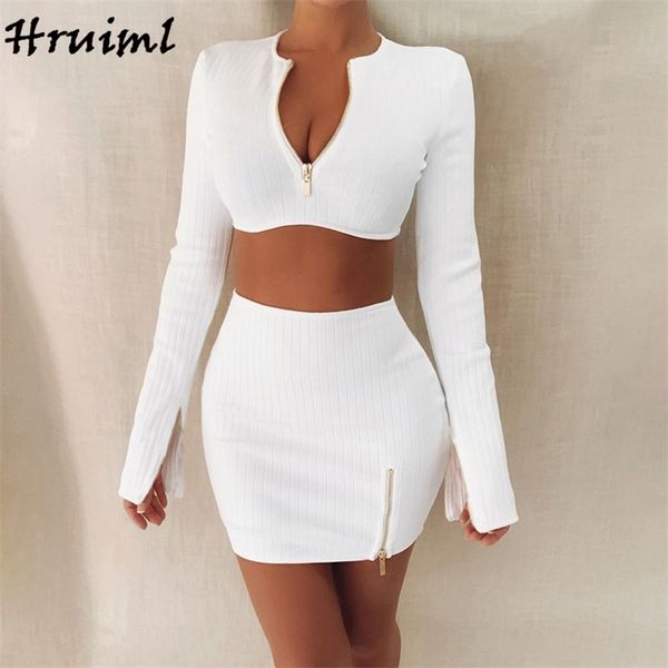 

skirt and set night club skinny long sleeve loungewear women zipper exposed navel fashiconjuntos de mujer 210513, White