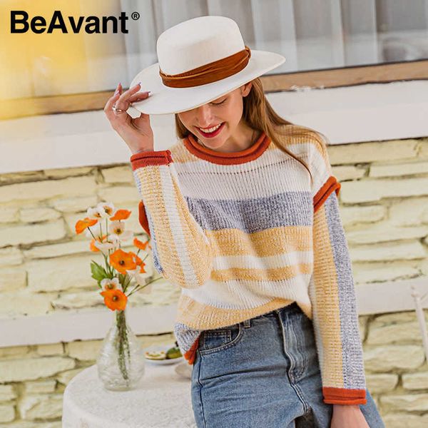 

beavant contrast stripe pullover knitted autumn winter crew neck long sleeve high street style mixed color fashion sweater 210709, White;black
