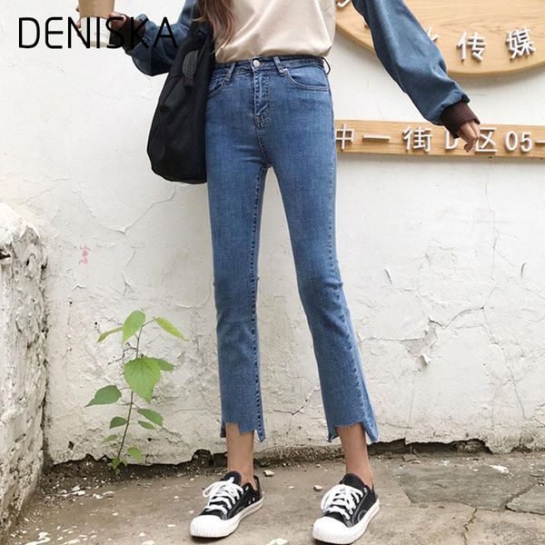 

women's jeans deniska 2021 high-waisted ankle length women pants the side color spliced stretch slim pencil denim, Blue