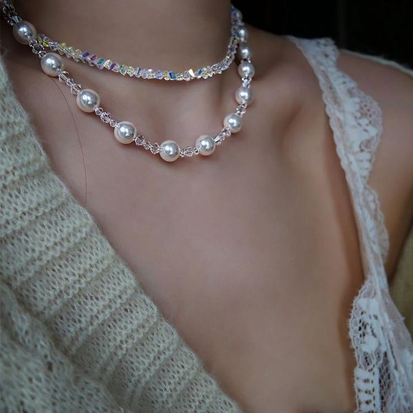 

chokers summer pearl crystal necklace design cool girl street fashion trend retro chain necklaces for women, Golden;silver