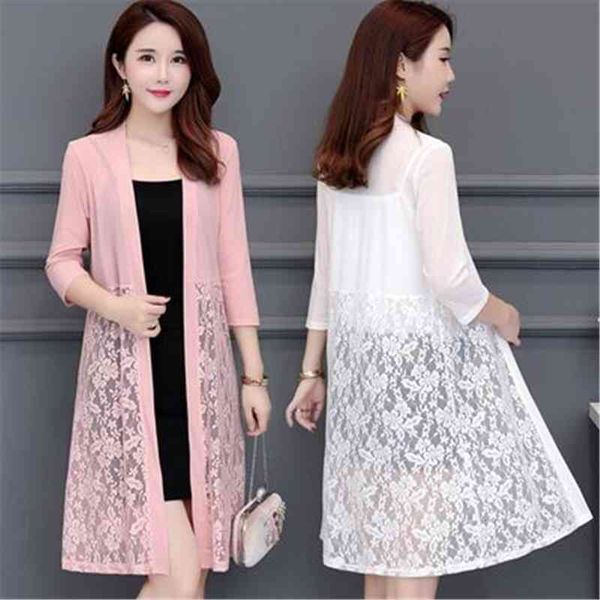 

5xl plus size summer lace cardigan women long net yarn sunscreen jacket casual pink black red white thin long sleeve, White;black
