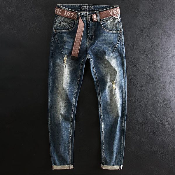 

men's jeans european vintage fashion men retro blue spliced designer slim ripped elastic hip hop casual cotton denim pants