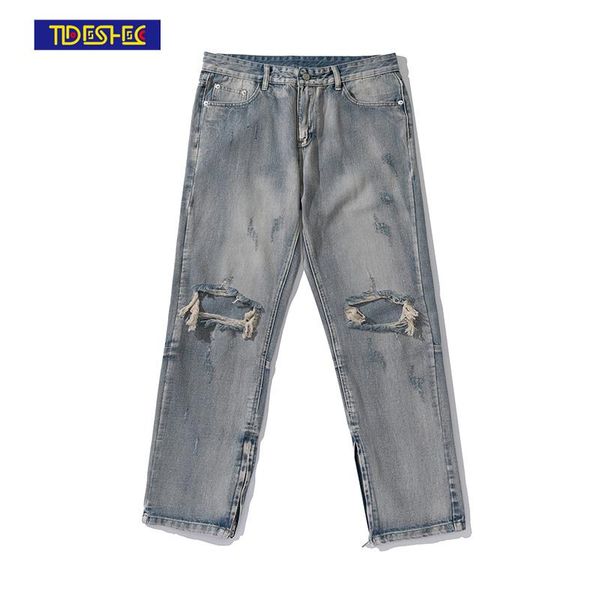 

men's jeans tideshec ripped retro hip-hop street men's straight-leg pants denim oversized loose trousers men clothing for, Blue